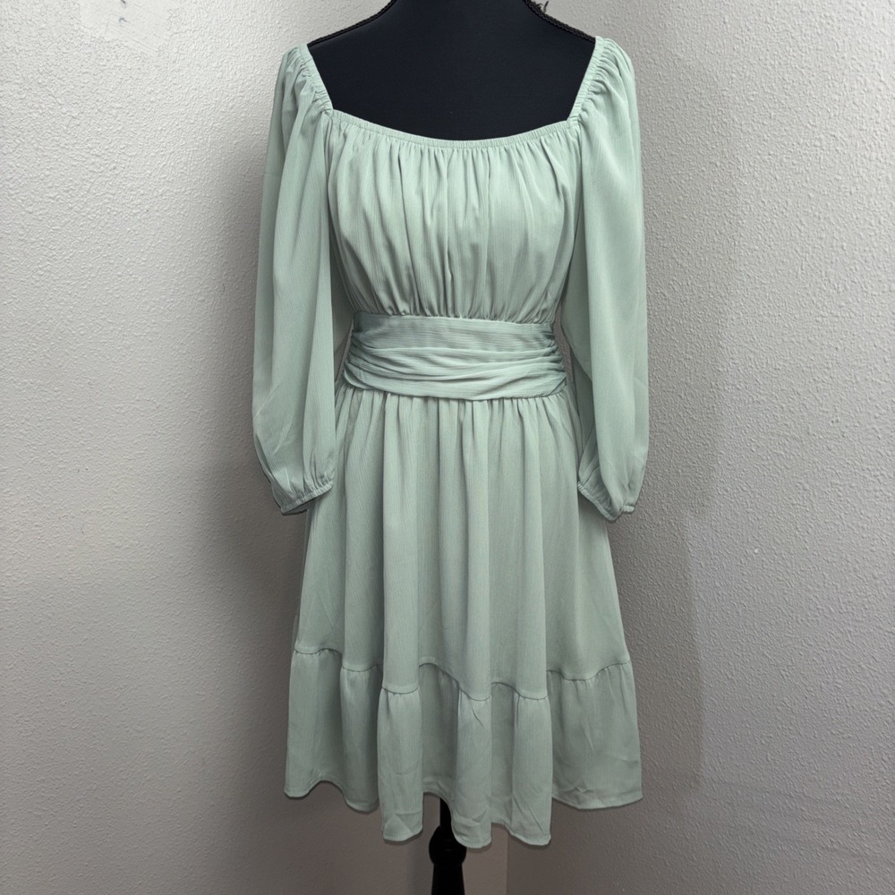 EXLURA Dress Women's Medium Mint Green Tie Back Chiffon Ruffle 3/4 Sleeve Flowy